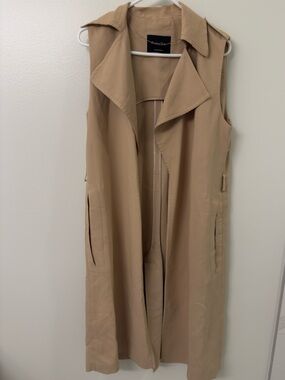 Massimo Dutti Camel Beige Long Trench Vest Sleeveless Duster Jacket Coat Size S